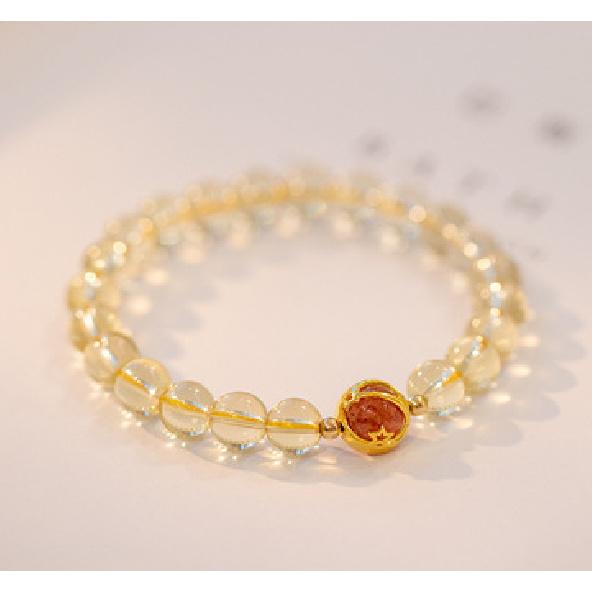 Citrine Natural Golden Rutilated Quartz Beaded Bracelet for Women, Alloy Jewelry