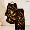 Women Plus Size Round Neck Long Sleeve Printed High Low Top Wide Leg Pants Two Piece Set Red Black