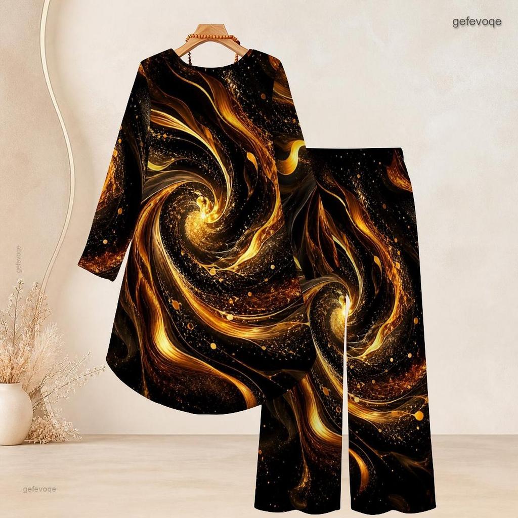Women Plus Size Round Neck Long Sleeve Printed High Low Top Wide Leg Pants Two Piece Set Red Black