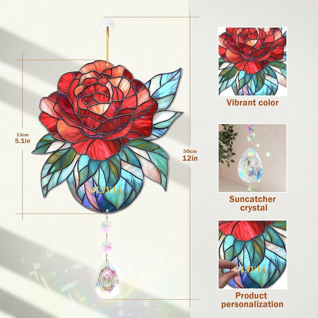 Rose Suncatcher - Birth Flower Gifts for Women, Birth Flower with Name Suncatcher Ornament with Crystal, for Mom, Grandma