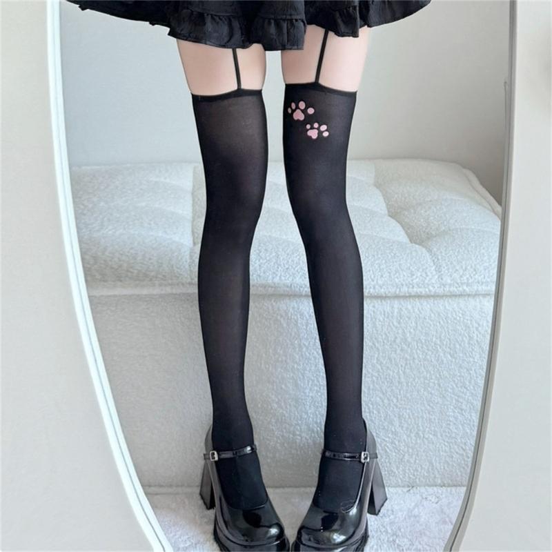 Elastic Waistband Cats Paws Pattern Sheer Pantyhose Breathable Nylon Stockings For Daily Outfits