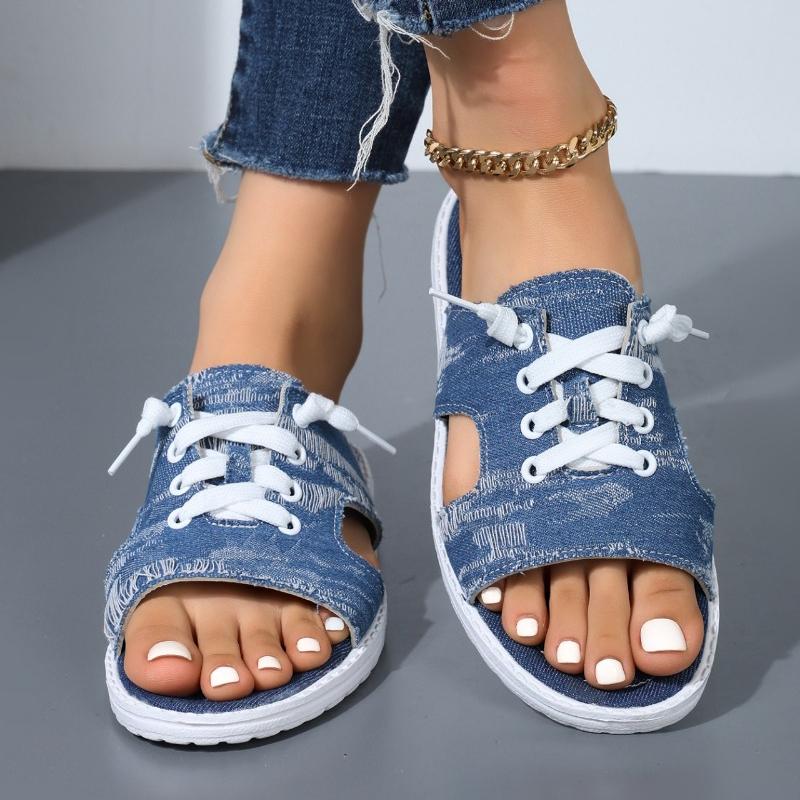 2024 New Summer Women's Shoes Fashion Open Toe Low Heel Women's Slippers Large Size Lace Up Cloth Women's Roman Slippers