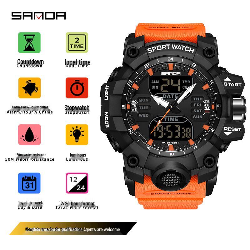 Sanda Multifunctional Waterproof Sports Watch for Outdoor and Student Use with Dual Display and Alarm Clock.