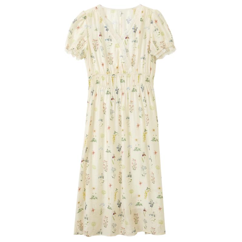 Sancai Lyocell Floral Puff Sleeve A-Line Dress