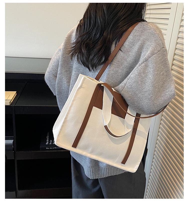Casual Large-capacity Women's 2025 Winter New Shopping Bag Korean Version Color Matching Fashion Simple Canvas Women's Shoulder Tote Bag
