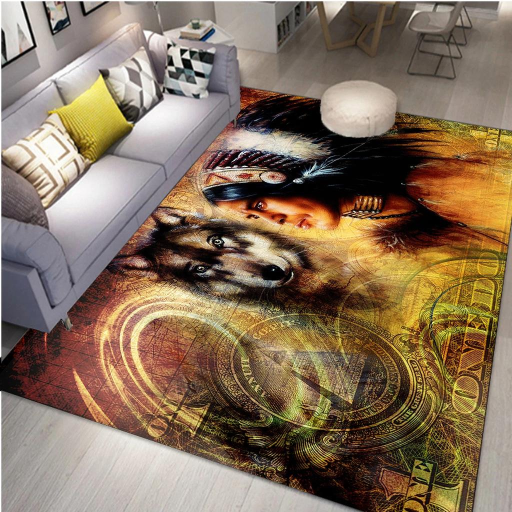 Wolf Carpet Bohemian Mandala Flower Area Rug for Living Room Bathroom Laundry Room Decor Wild Animal Doormat Non-Slip Floor Mat