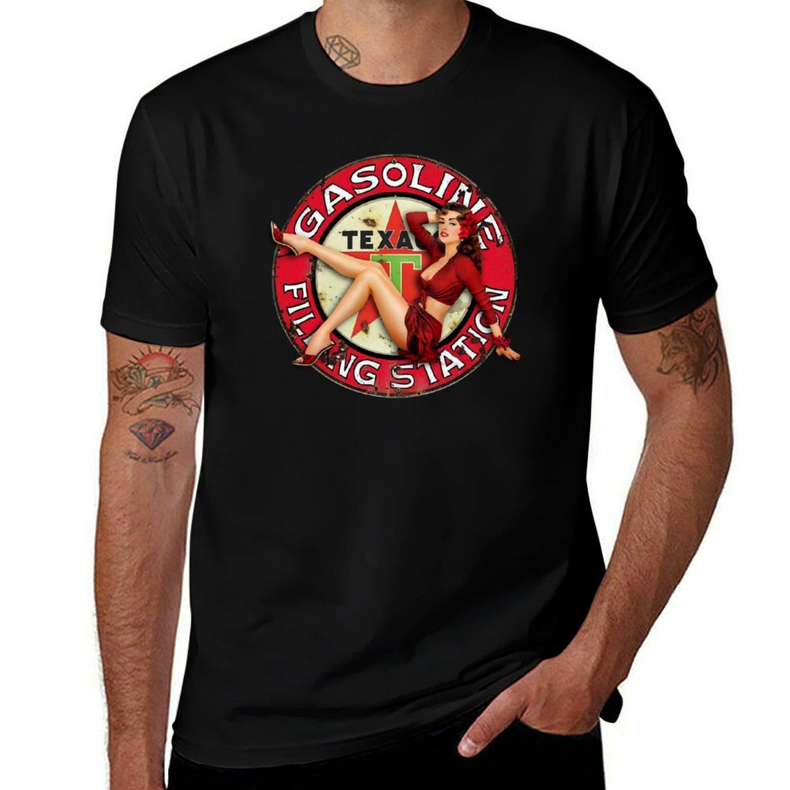 

Vintage Texaco Gasoline Filling Station Sign - Pinup Girl Premium Scoop T-Shirt Oversized Korean Fashion T Shirts for Men 5XL різнокольоровий