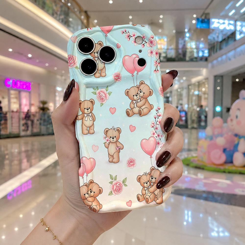 All Over Cartoon Teddy Bear Heart Balloon Wavy Edge Phone Case For iPhone 17 16 15 14 13 12 11 8 7 Plus Pro Max Cute Cover