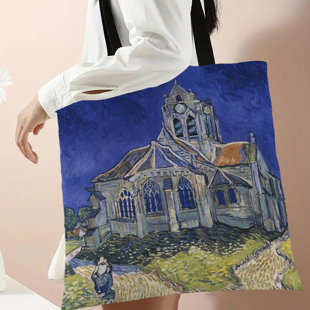 Van Gogh Series Linen Bag Oil Painting Starry Night Flower Handbag Light Weight Shoulder Bag High Capacity Eco Shopping Bags