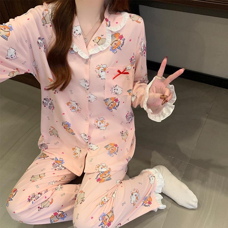 Birthday Arty Soft Cute Dog Cartoon Imitation Cotton Suit Pink Pajamas Women's Spring Loungewear Long Sleeves Trousers
