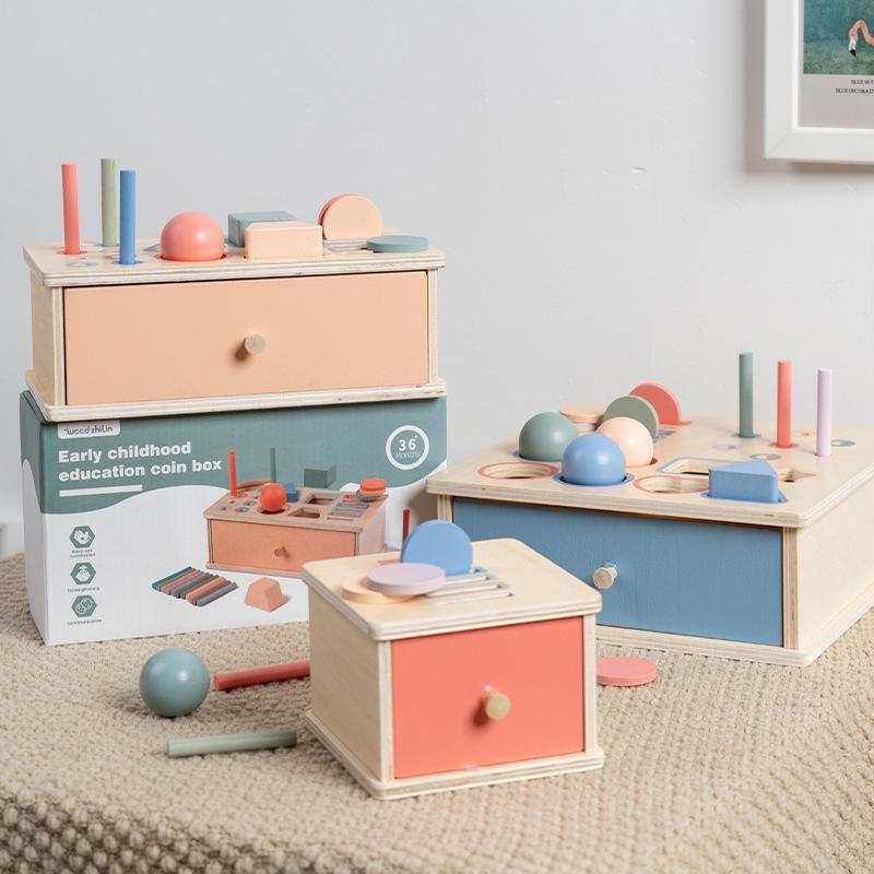 Montessori 4-in-1 Wooden Coin Box: Early Education Toy for Toddler Shape Matching, Sensory Training, and Intellectual Development.