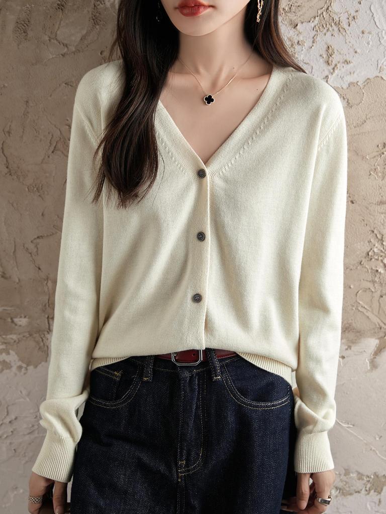 Damen 100% Baumwolle Strick V-Ausschnitt Strickjacke - Frühling/Herbst, Lockere Passform, Unifarbe, Atmungsaktiv, Hohe Dichte, Sonnenschutz Oberbekleidung.