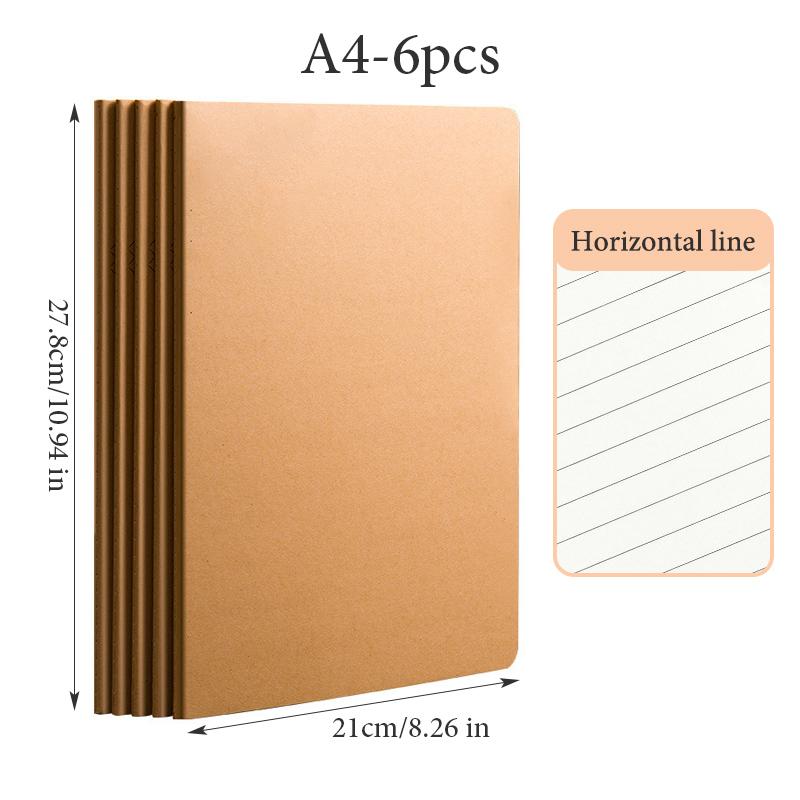 

6 pcs A4 Kraft Paper Notebook,36 Sheets 72 Pages/Book Horizontal Line Blank Grid Inner Page Student Learning Testbook QP-66 A4