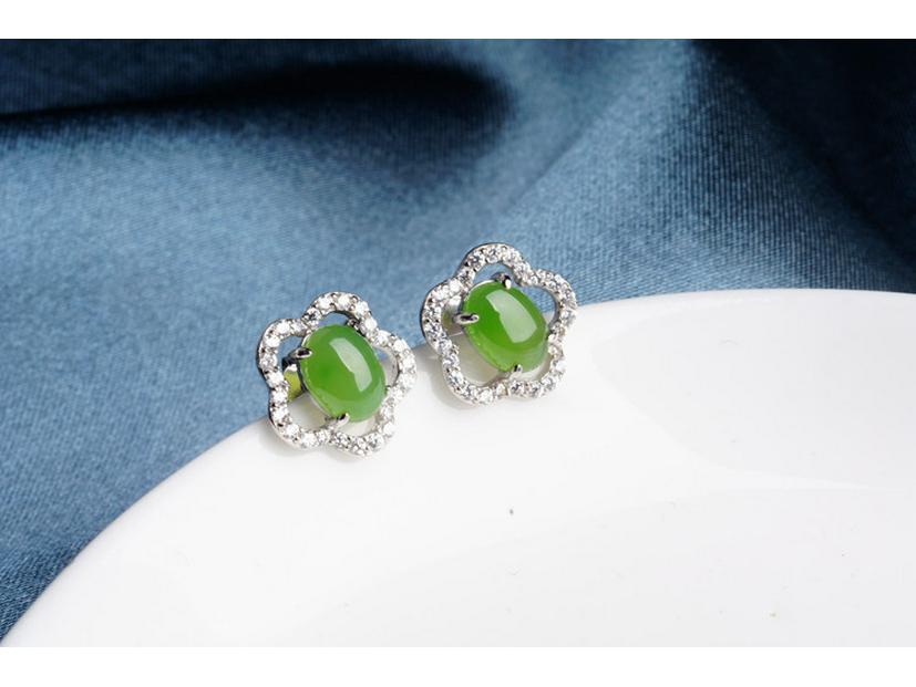 925 Sterling Silver Hetian Jasper Plum Blossom Jade Earrings with Certificate - Ancient Chinese Style