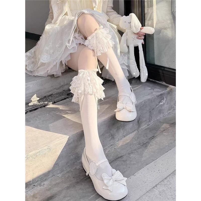 Three-layer Lace Over-the-knee Socks For Girls, Slim Calf Socks, Milky White Lolita Japanese Style Bow Stockings