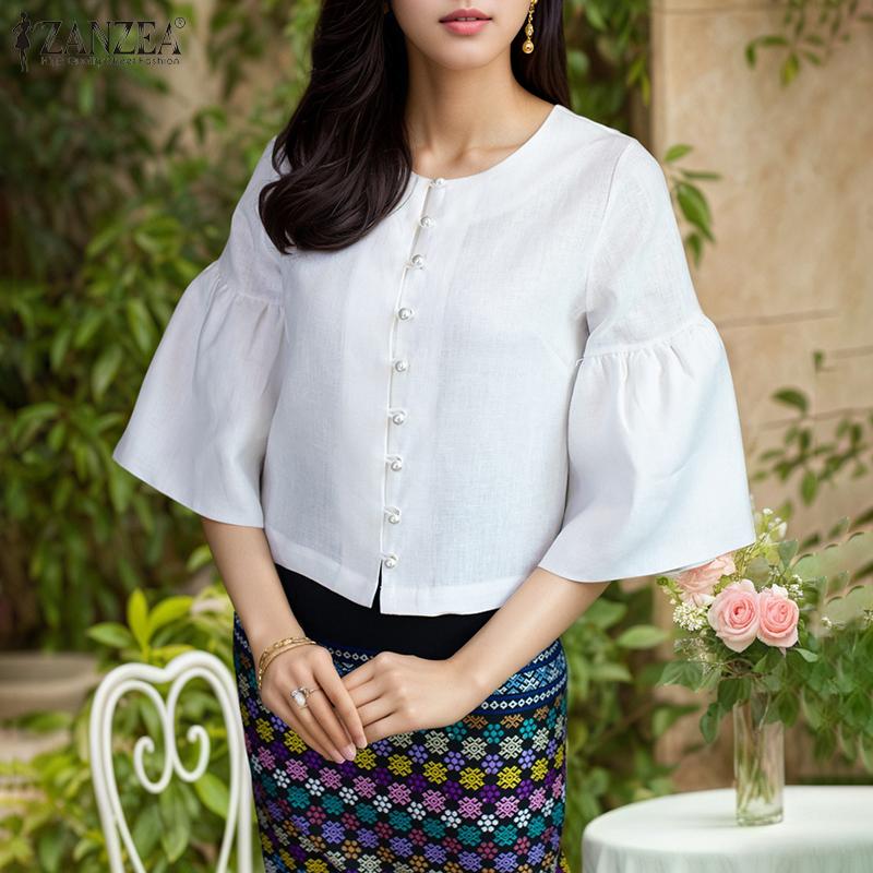 ZANZEA Kvinner Casual Rund Hals Ensfarget 3/4 Ermet Bluse