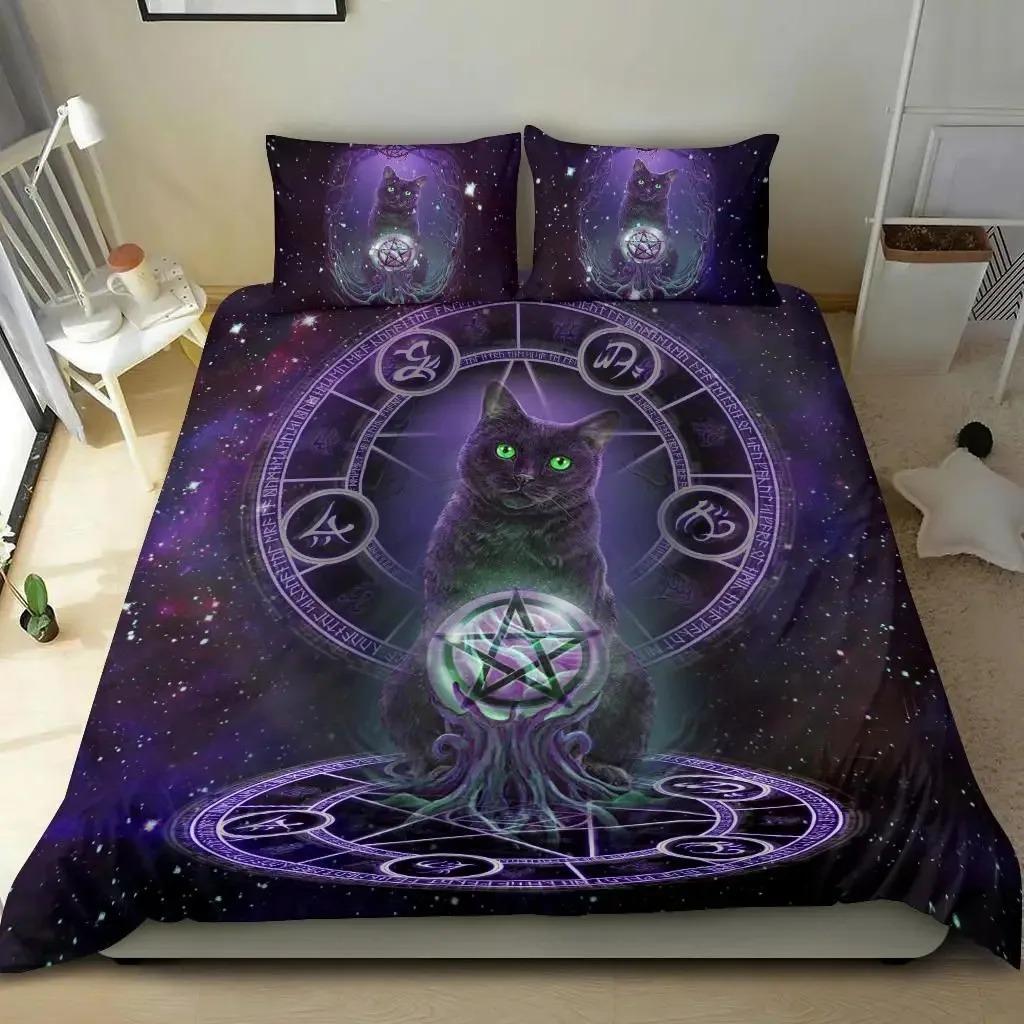 Wiccansk Okkult Svart Katt Dynetrekksett, Gotiske Svart Katt Sengetøy Mystisk Sol og Måne Dyne Trekk Queen Size