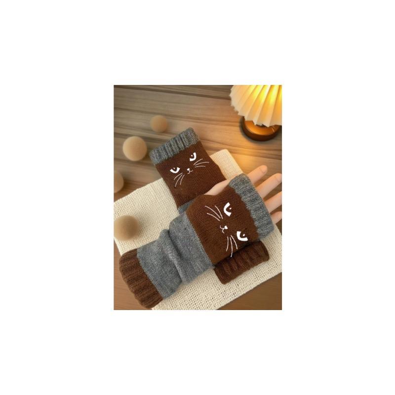 Gants en tricot sans doigts avec broderie de chat et patchwork, Gants décontractés ouverts aux doigts tendance pour femme, Mitaines chaudes d'hiver sans doigts