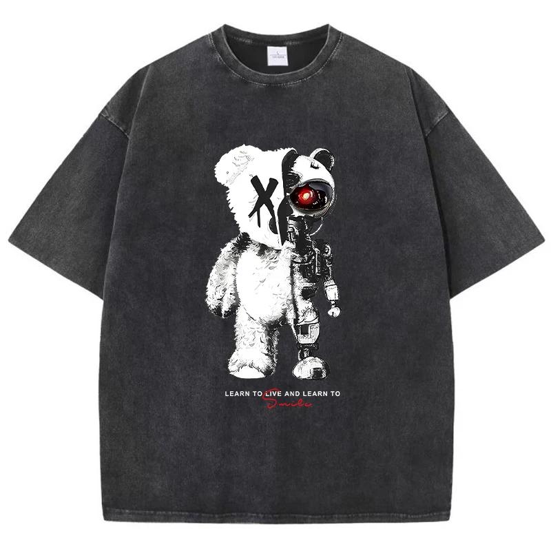 Cartoon Machine Bear Print Tshirts Casual Breathable Street Sweat Summer T-Shirts Personality Loose Cotton T Shirt For Men