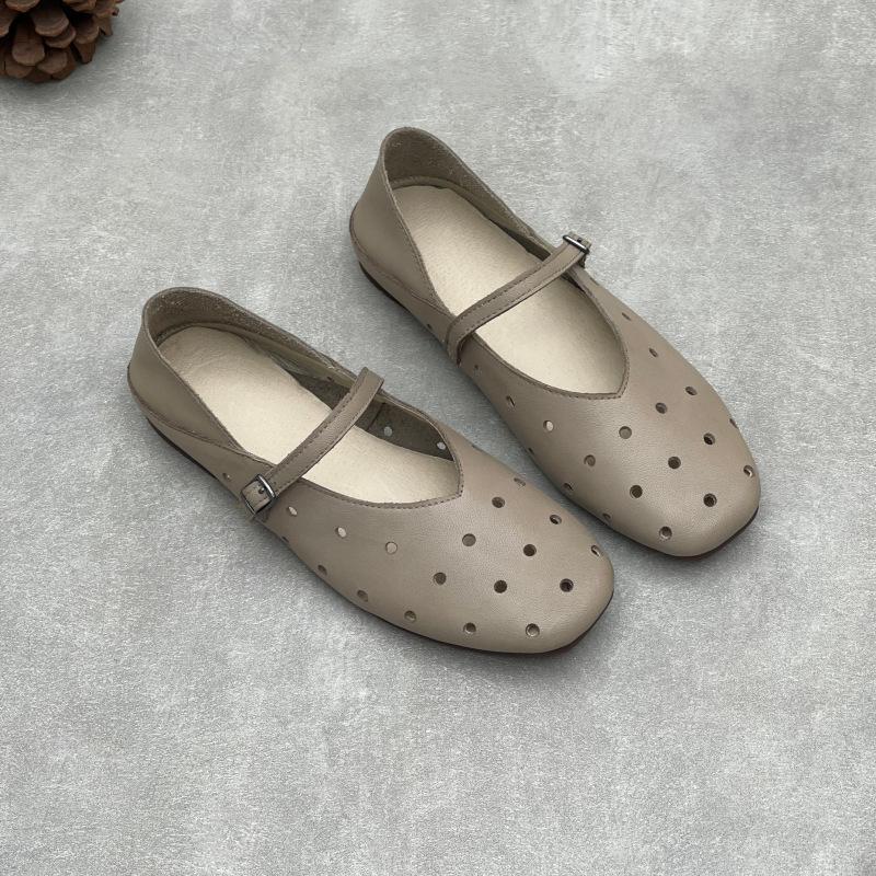 Johnature Hollow Out Breathable Genuine Leather Flat Sandals Casual Versatile Soft Soled Women's Shoes