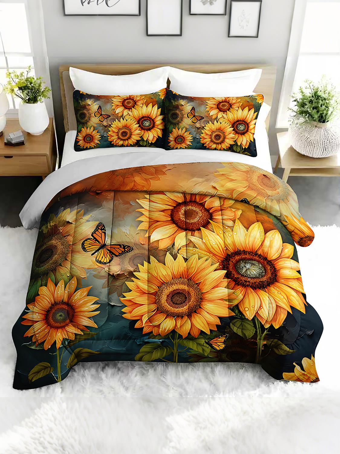 

3PC Sunflower & Butterfly Comforter Set Floral Botanical Bedding Duvet Cover with 2 Pillowcases for Bedroom Twin