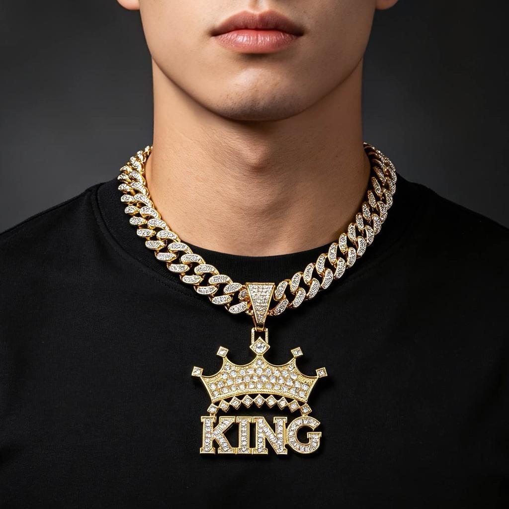 Unisex Hip Hop Alloy Necklace Trendy Full Rhinestone Crown KING Single Row Rhinestone Pendant European American Street Fashion Accessories