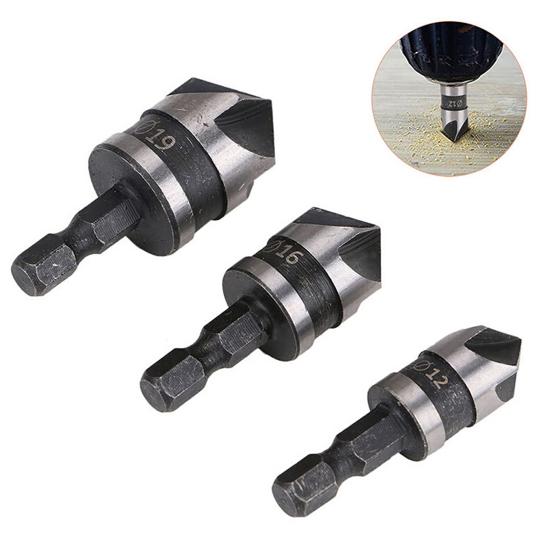 3Pcs Drill Bits 90 Degree 1/4 Hexagonal Handle Carbon Steel Chamfer Wood Work Hole Drill Bit for Board