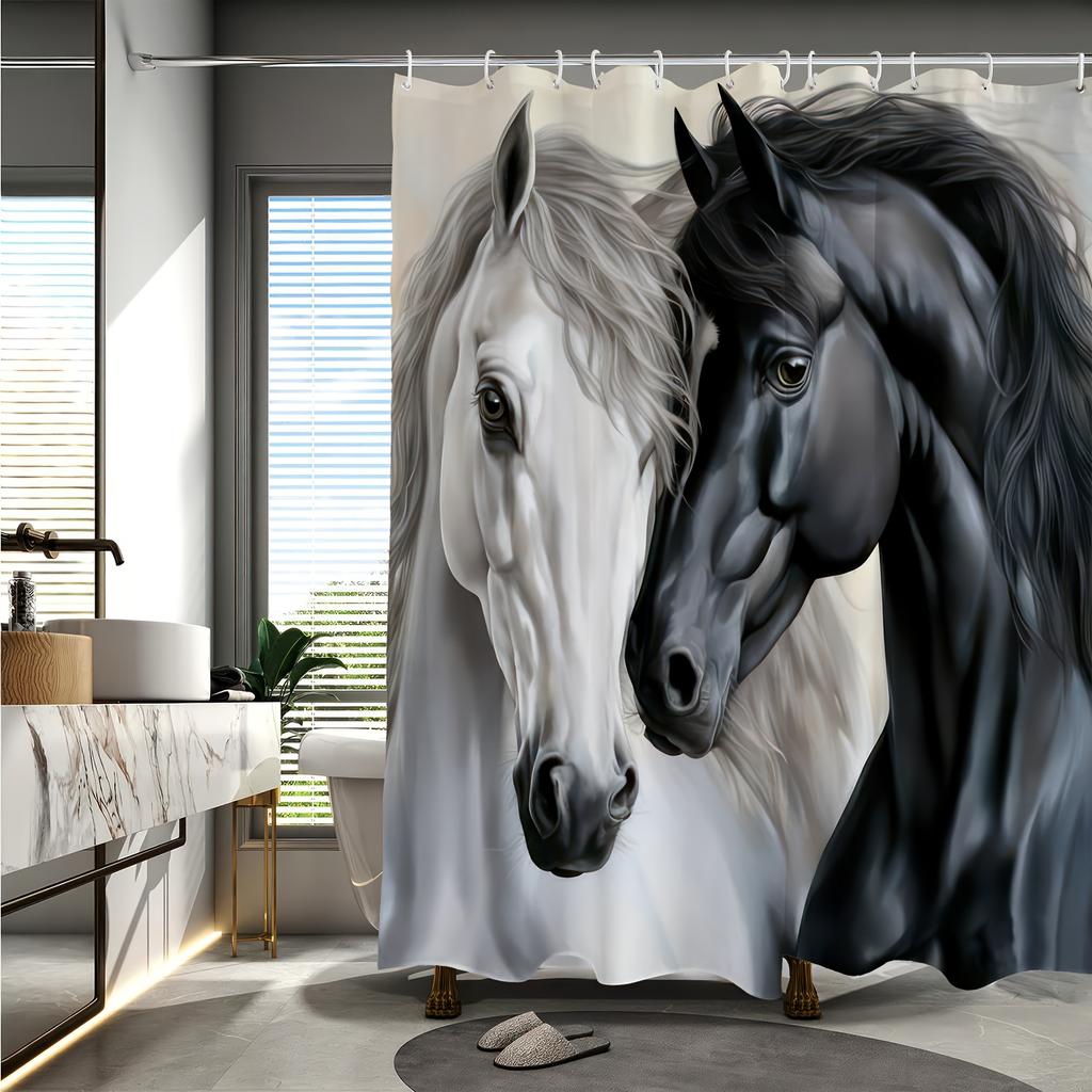 Digital Printed Horse Pattern Shower Curtain -  Reversible Polyester,  All-Season Woven Fabric for Bathroom/Home Decor