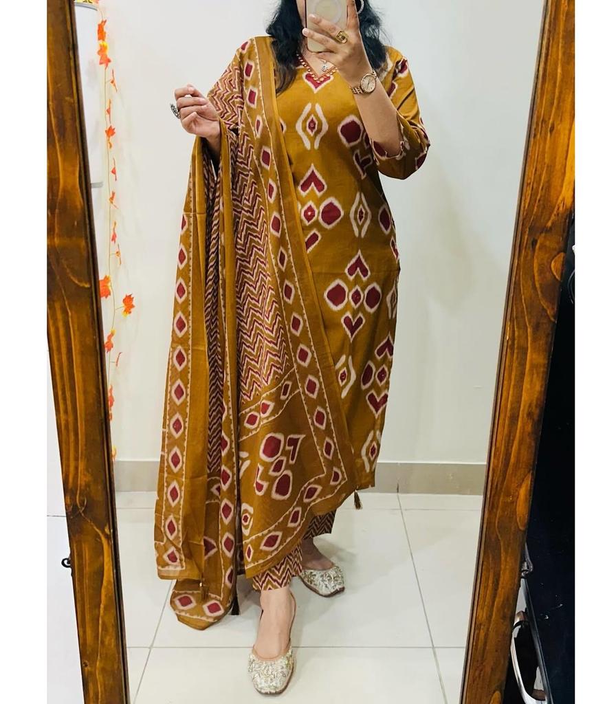 Indian Women Designer Cotton Printed Kurta Pant Duaptta Set Salwar Suit Party Wear Top Tunic