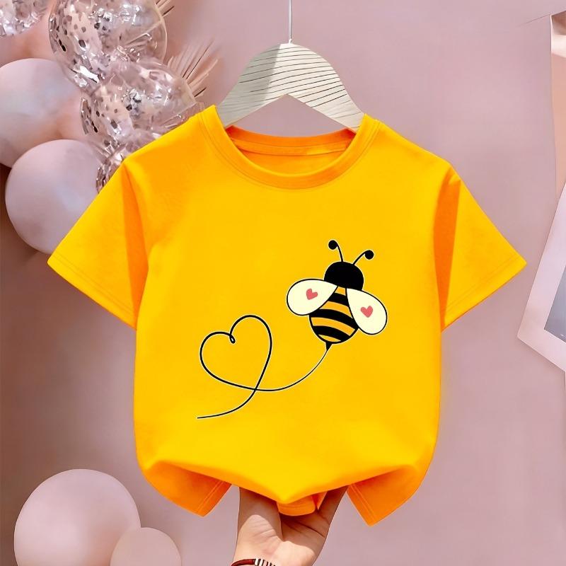 Kids Crewneck Tee, Fun Cartoon Bee Print Short Sleeve Top for Home Outing Vacation