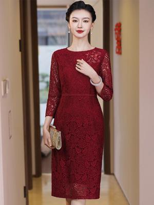 2024 Elegant Red Lace Slimming Dress for Summer Weddings and Banquets