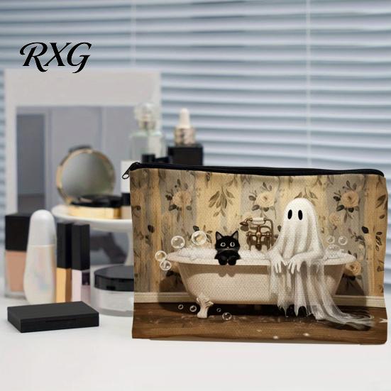Cartoon Brush Holder Halloween Theme Cosmetic Bag, Durable Canvas Zipper Makeup Pouch, Digital Print Pouch Portable Storage for Stationery And