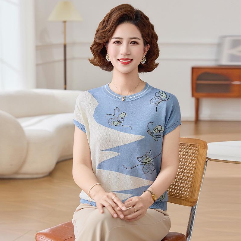 Women's Summer Ice Silk Short-Sleeve Knit Top - Loose Fit, Round Neck for Middle-Aged and Older