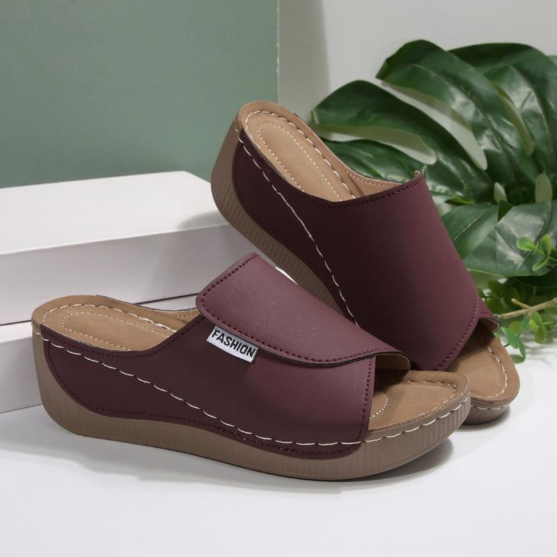 Cross Border Plus Size Thick Soled Casual Slippers for Women, Wide Stripes with Simple and Fashionable Fish Mouth Wedge Heel Slippers
