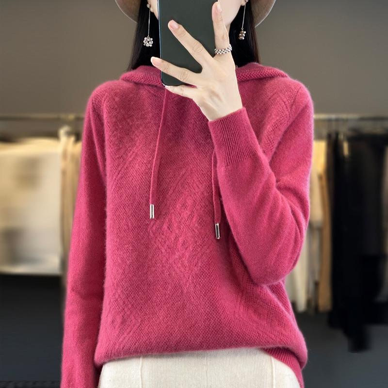 

Весенне-осенняя женская толстовка с капюшоном, вязаная толстовка с капюшоном, свободный и тонкий повседневный свитер с иглами корицы, пальто XXL розы красного