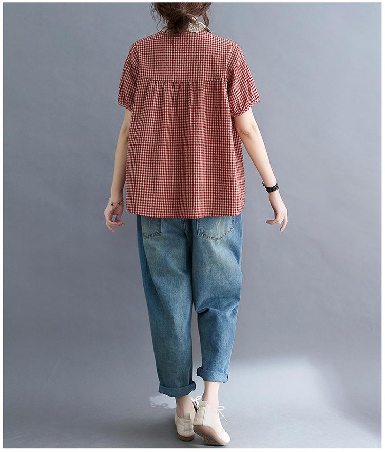 2021 Letní Nadměrná Velikost Patchwork Dámská Bavlněná Lněná Kostkovaná Košile s Peter Pan Límcem Zeštíhlující Krátký Rukáv