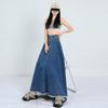 Hong Kong Retro Literary Denim Midi Skirt: Women's 2025 High-Waist A-Line Umbrella Design for Spring/Summer