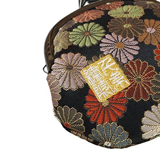 Senshishuin Nishijin Brokatverschluss Runde Geldbörse Chrysantheme in voller Blüte 3,5-Zoll Geldbörse/Münzbeutel (Gefüttert) (Schwarze Blüte)