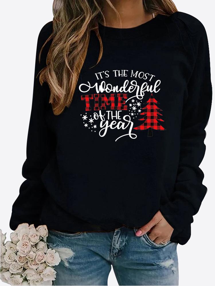 Jarní a podzimní dámský vánoční motiv Svetr s potiskem Zahuštěný kulatý výstřih s dlouhým rukávem Neformální mikina velké velikosti Top