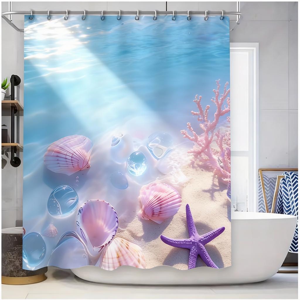 Beach Themed Shower Curtain With Sea Shells And Blue Starfish Design - Watercolor Effect For Home Bathroom Decor Elevate Space