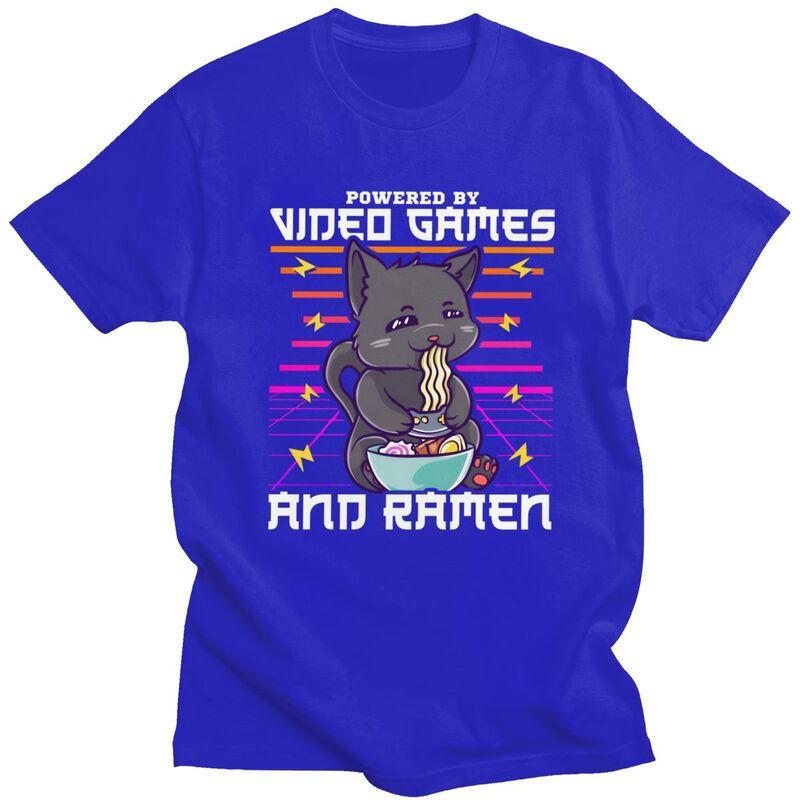 Powered By Video Games Ramen Anime Cat T Shirts Men 100 Cotton Tees Fathers Day Gift Tshirts ShortSleeve Tshirt Clothes