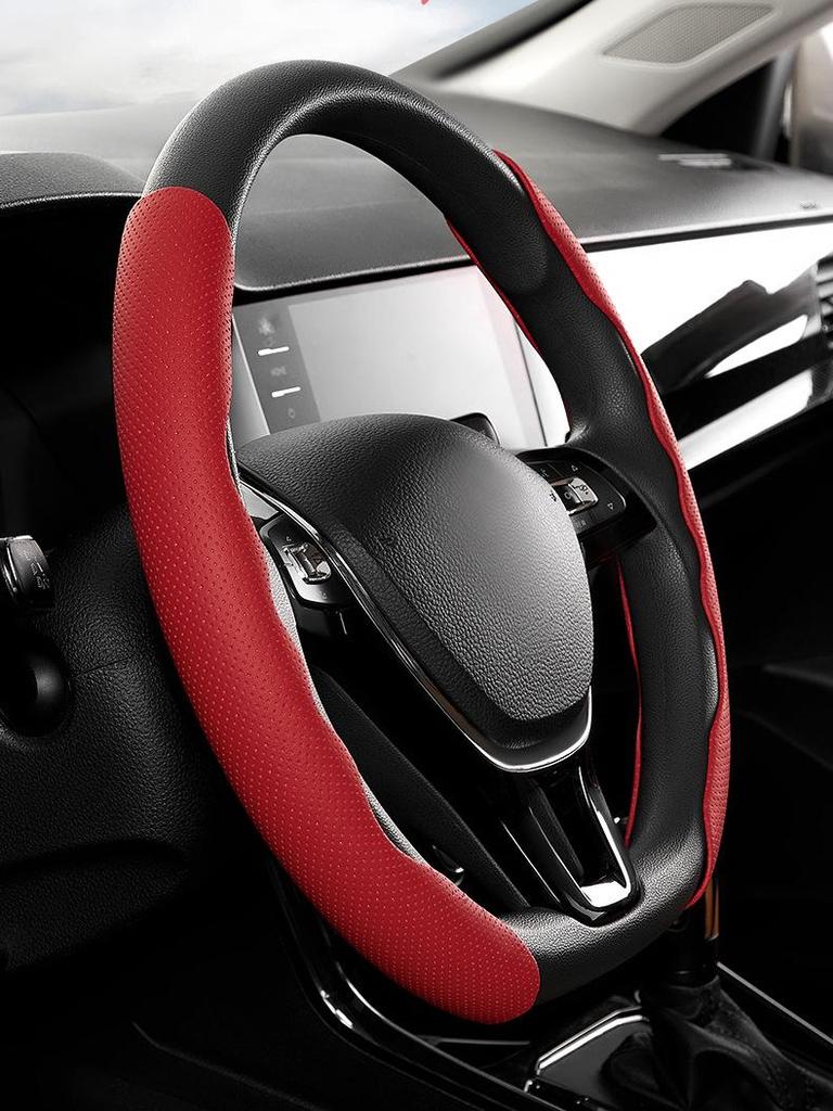 D-type Nappa Leather Anti-slip Perforated Steering Wheel Cover - Universal Fit, Four Seasons Use