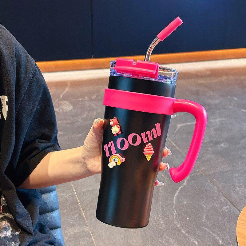 

German Canim Kalse [Dopamine Cup] Large Capacity Vacuum Cup Cup with Straw Stainless Steel Water Cup Black 1.1L (Comes with 3D Sticker + Cup Brush)