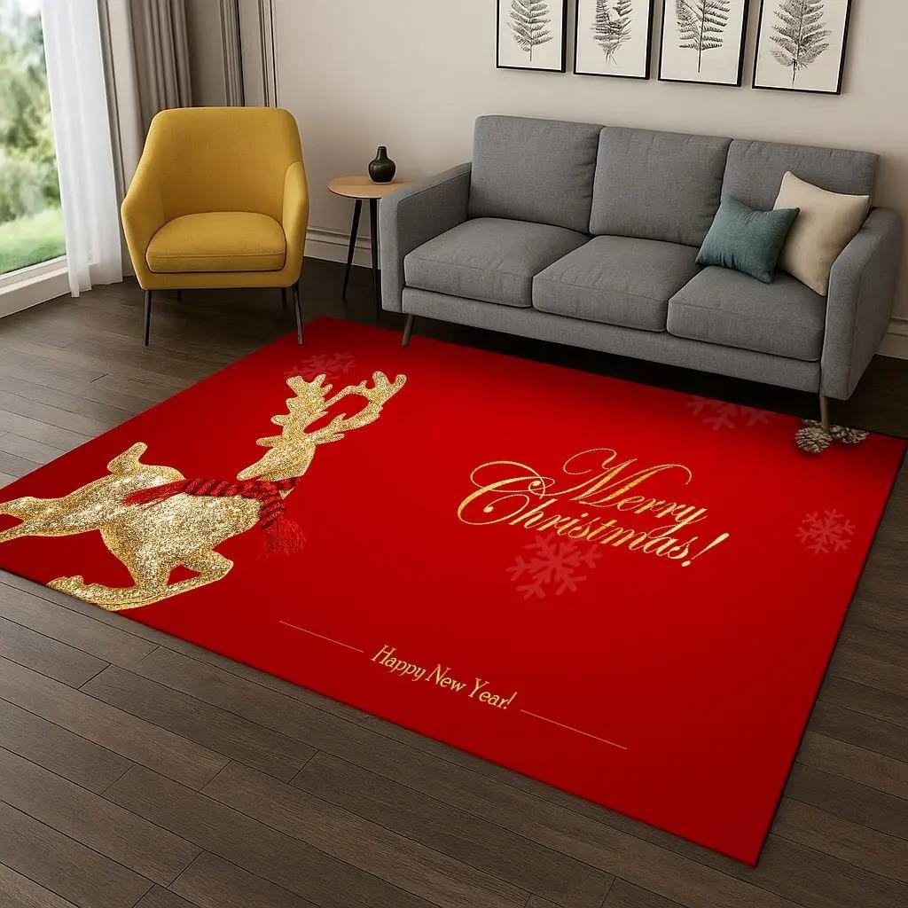 Merry Christmas Theme Carpets Reindeer Santa Claus Pattern Anti-slip Floor Mat for Living Room Festival Home Decor Polyester Rug