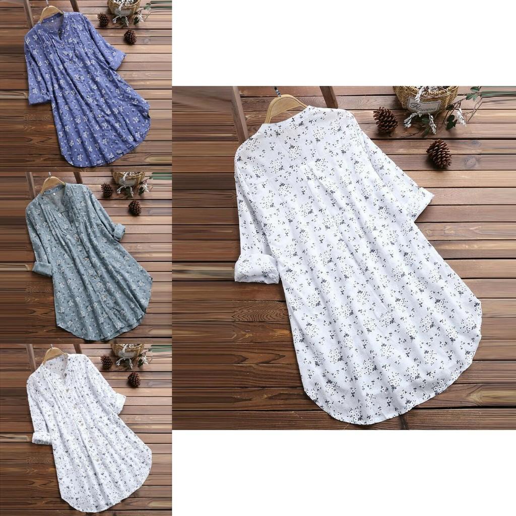 Elegant Women V-neck Long Sleeve Flower Print Linen Shirt Ladies Casual Loose Blouse Top