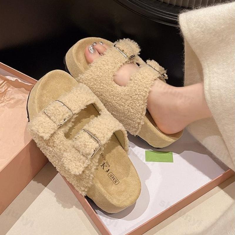 Fashion Women's Outdoor Plush Shoes Autumn New Buckle Strap Non Slip Casual Flats Comfortable Height Increase Fashion One Word Slippers