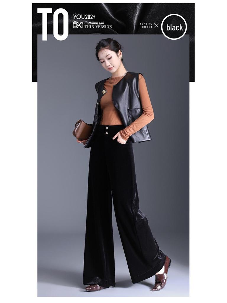 2025 High Waist Gold Samt Weitbein Damen Hose, Schlankmachend und Vielseitig für Herbst/Winter, Gerades Bein Bodenlang Drapierter Stil.