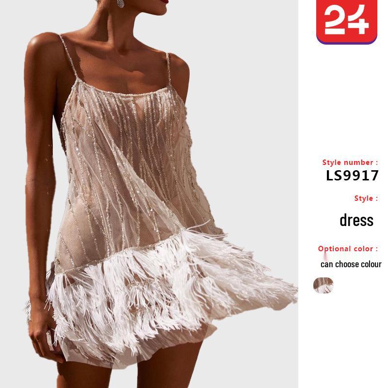 2025 European & American Style Party Dress: Sexy Backless Short Skirt with Layered Tassels, Beaded Mesh & Spaghetti Straps