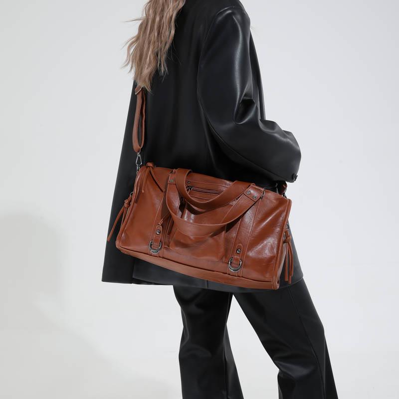 Faux Leather Duffel Bag Women's Fashion Shoulder Tote with Front Zip Pocket