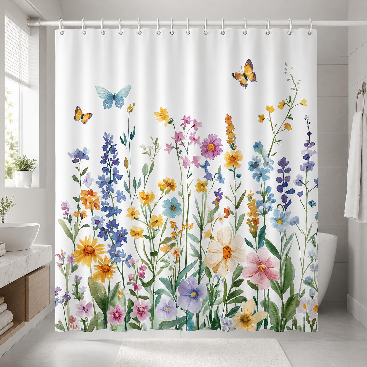 Watercolor Wildflower Shower Curtain Colorful Butterfly Floral Bath Curtain Spring Garden Aesthetic Bathroom Decor 90x180